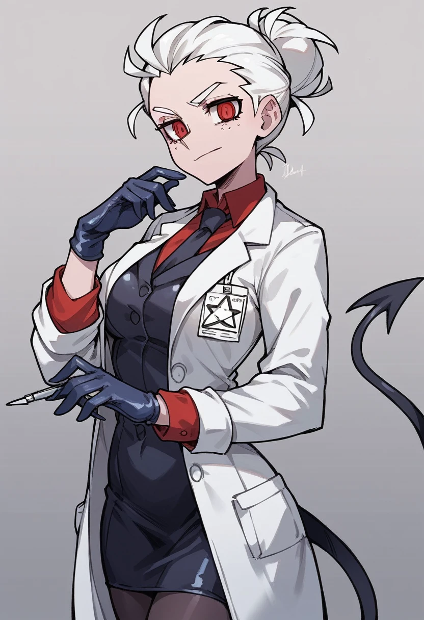 1girl, judgement \(helltaker\), ((blue medical gloves)), ((surgical gloves)), ((latex gloves)), ((long sleeves)), looking at viewer, ((white doctor outfit)), standing, solo