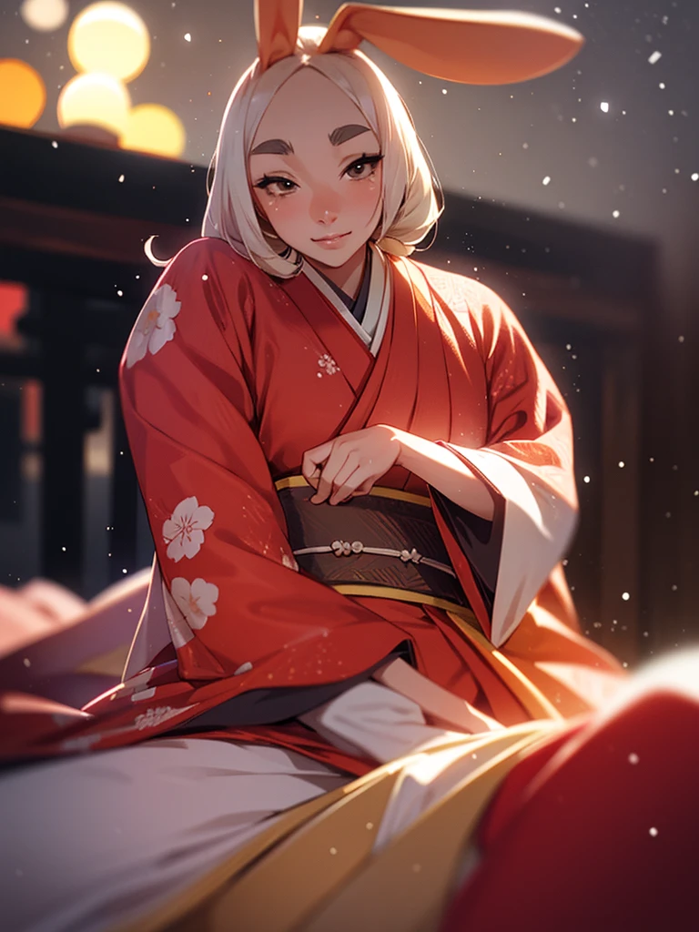 (Sumilux f1.4 50mm , low Latitude old color negative film , cross process , bokeh, flare, chromatic aberration , soft focus, (Shallow focus) , soft glow , Maximum aperture, High Key , Transparent depiction) , Japanese Heian period , Royal girl, rabbit ear , (round Maro eyebrows) , kimono, sitting , (Peony flowers blooming:0.6) , closeup face , Snow is falling , spread legs