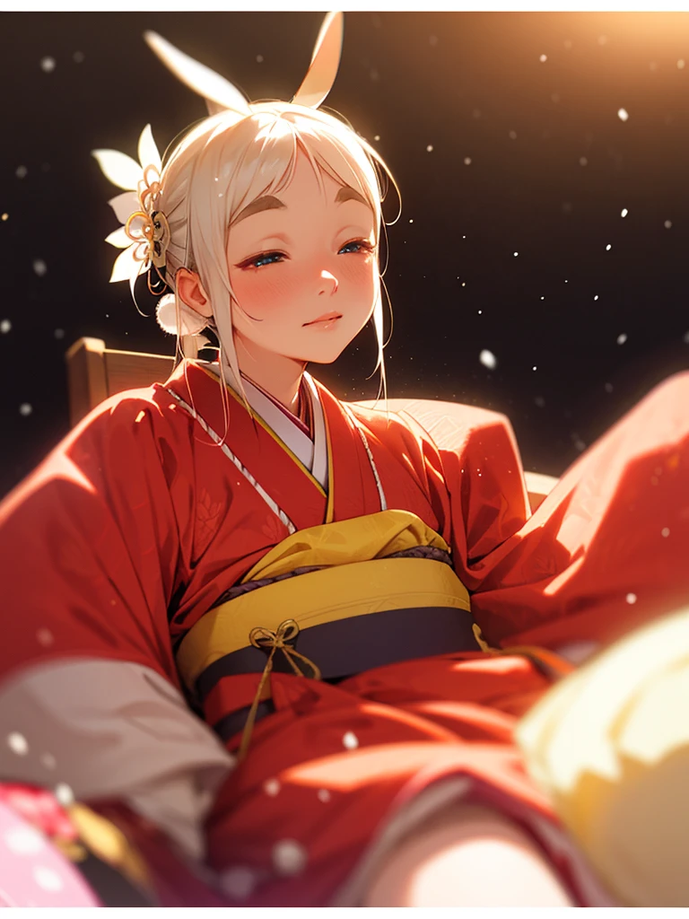 (Sumilux f1.4 50mm , low Latitude old color negative film , cross process , bokeh, flare, chromatic aberration , soft focus, (Shallow focus) , soft glow , Maximum aperture, High Key , Transparent depiction) , Japanese Heian period , Royal girl, rabbit ear , (round Maro eyebrows) , kimono, sitting , (Peony flowers blooming:0.6) , closeup face , Snow is falling , spread legs