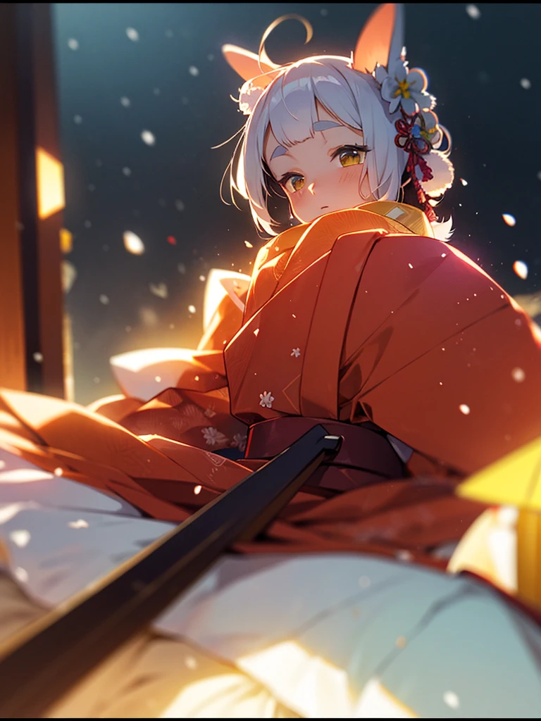 (Sumilux f1.4 50mm , low Latitude old color negative film , cross process , bokeh, flare, chromatic aberration , soft focus, (Shallow focus) , soft glow , Maximum aperture, High Key , Transparent depiction)  , Japanese Heian period , Royal girl, rabbit ear , (round Maro eyebrows) , kimono, sitting , (Peony flowers blooming:0.6) , closeup face , Snow is falling , spread legs