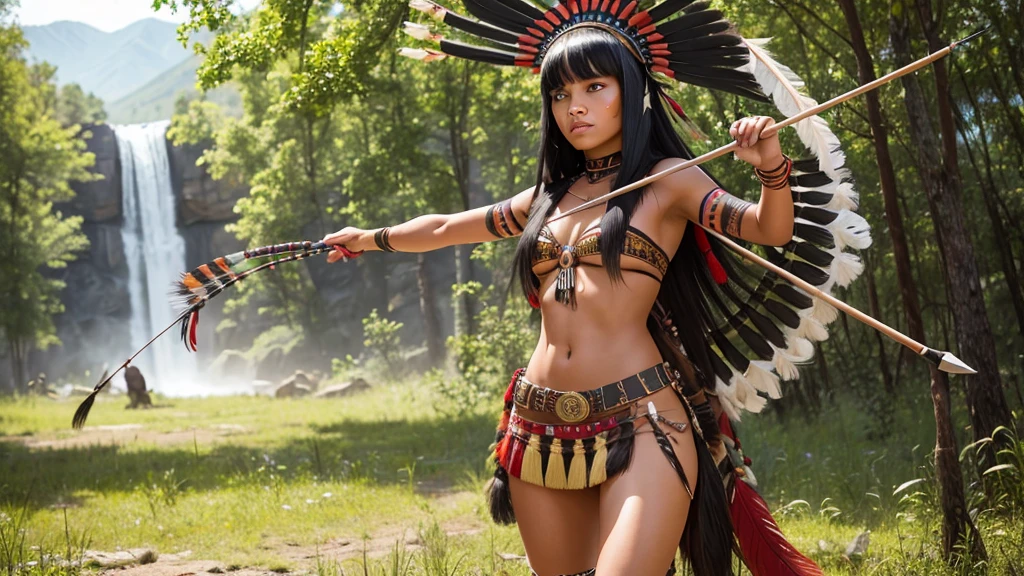 indigenous girl -HD photo - sexy photo -indigenous warrior- full body photo- beautiful legs- forest- high detailed- perfect face- straight black hair- straight bangs -snake- war paint- feather headdress- feathers- 18 years old- bow and arrow- horse- wind