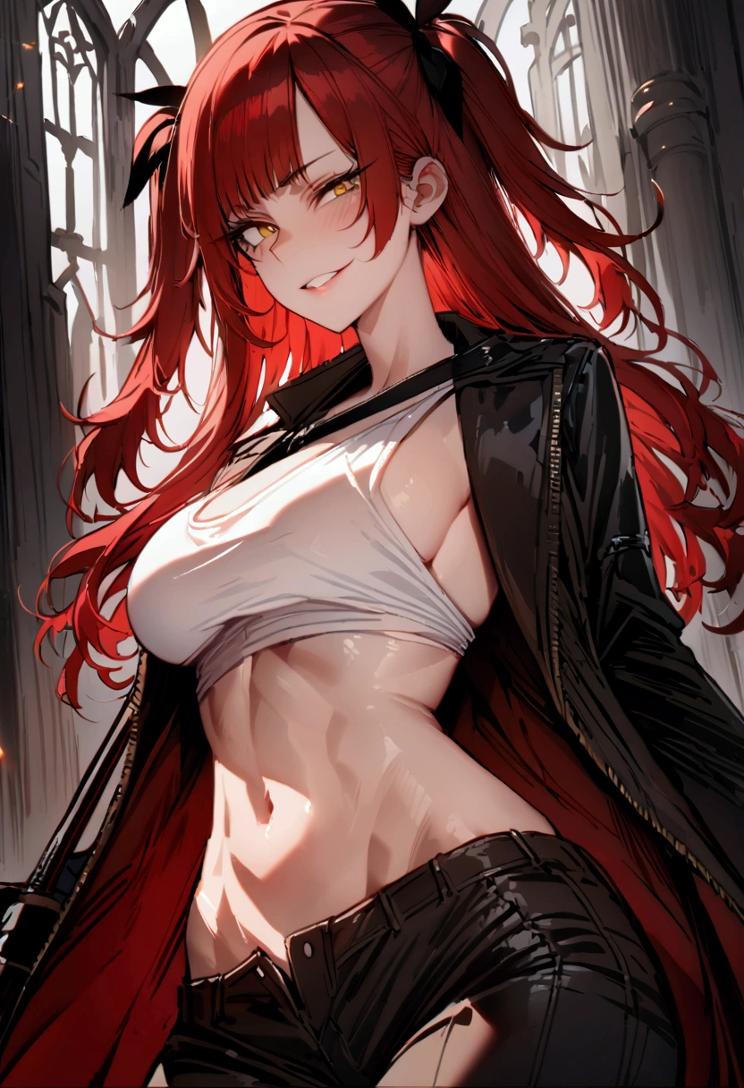 masterpiece, best quality 1girl, solo, beautiful woman, messy bangs, red hair, long hair, hair two side up by black bows , yellow eyes, grin, large breasts, toned stomach, white tank top, black coat, figureless black gloves, pants, sheathed sabre, fantasy looking at viewer.