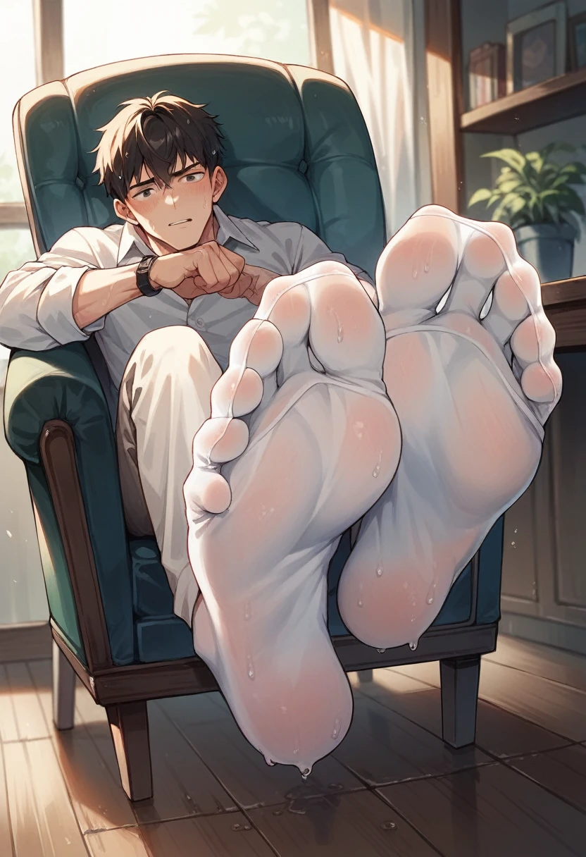 Anime boy very wet sweaty socks under chair showing his feet soles close to the camera