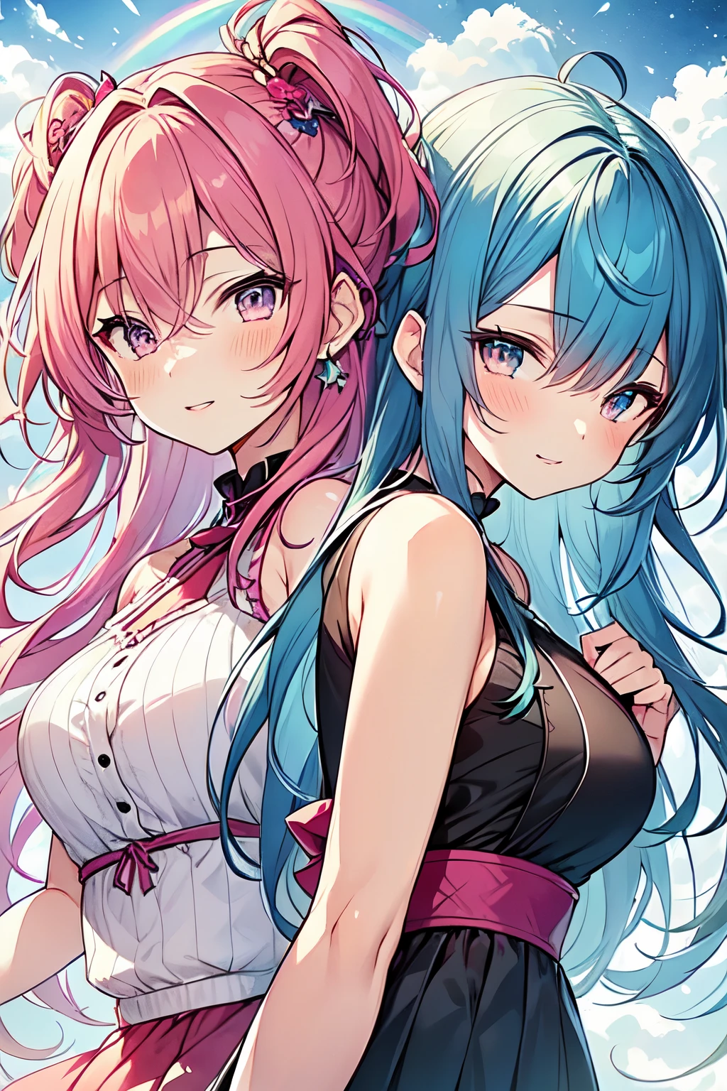 (2heads:1.2), 1girl, conjoined dicephalus, (masterpiece, highest quality, highest quality,watercolor (Moderate),Official Art, beautifully、aesthetic:1.2),(1 girl:1.3), (Fractal Art:1.3),Upper Body, From the side, Looking at the audience,pattern,(Rainbow Hair,colorful hair,Half blue、half pink hair:1.2),water,liquid, cloud,colorful, Starry Sky,performer,