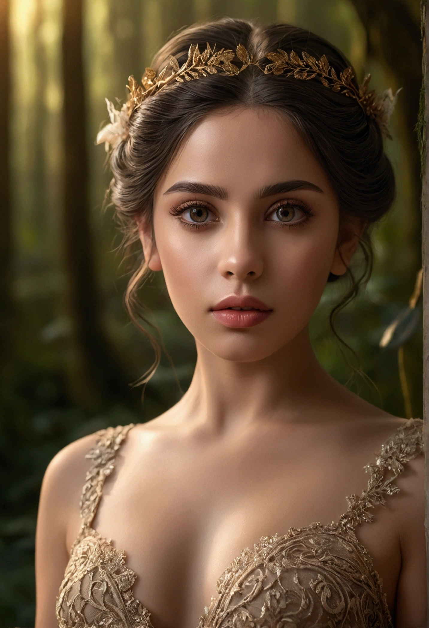 1girl, beautiful detailed eyes, beautiful detailed lips, extremely detailed face and features, long eyelashes, elegant hairstyle, intricate dress, cinematic lighting, warm color palette, fantasy forest background, photorealistic, 8k, high quality, hyper detailed, masterpiece desnuda sin ropa lencería de puta 