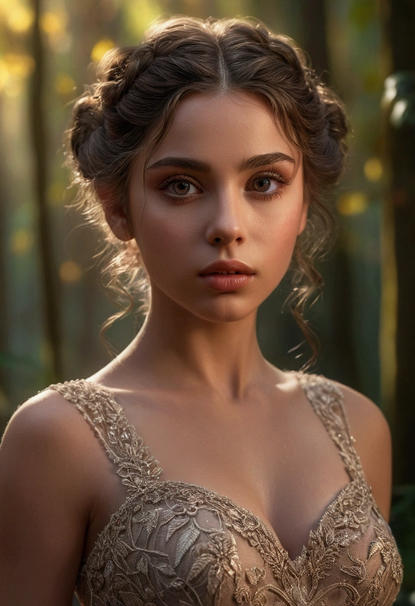 1girl, beautiful detailed eyes, beautiful detailed lips, extremely detailed face and features, long eyelashes, elegant hairstyle, intricate dress, cinematic lighting, warm color palette, fantasy forest background, photorealistic, 8k, high quality, hyper detailed, masterpiece desnuda sin ropa lencería de puta 
