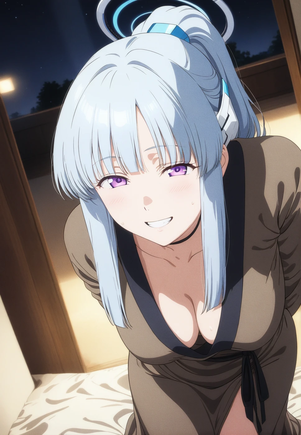 best quality, amazing quality, very aesthetic, absurdres, (1girl, noa, blue archive, solo, purpel eyes, white hair, big breasts),(robe, open:1.8), (grin, night, thigh:1.3), (cowboy shot), (glowing eyes), (half closed eyes:0.5), (realistic face:0.9), (from above:1.5), (official art:1.3), (bent over, all fours:1.4), (blush), expressive eyes, perfect face, 4k, extremely detailed anime illustration, extremely detailed eyes, perfect anatomy, light rays, extremely delicate body, smooth skin, (bedroom background:1.5), clear eyes, beautiful face, smiling at viewer, (anime style:1.7), (cinematic Light:1.5), (highres:2), big breasts, best quality, amazing quality, very aesthetic, absurdres, (1girl, noa, blue archive, solo, purpel eyes, white hair, big breasts),(gown:1.8), (smile, night, thigh:1.3), (cowboy shot), (glowing eyes), (half closed eyes:0.9), (realistic face:0.9), (from above0.7), (official art:1.3), (bent over, arms behind back:1.4), (blush:0.7), expressive eyes, perfect face, 4k, extremely detailed anime illustration, extremely detailed eyes, perfect anatomy, light rays, extremely delicate body, smooth skin, (bedroom background:1.5), clear eyes, beautiful face, smiling at viewer, (anime style:1.7), (cinematic Light:1.5), (highres:2),