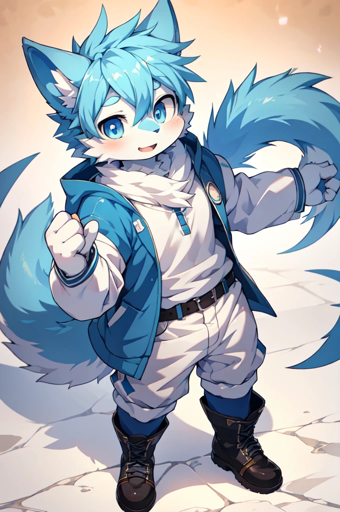 Blue hair，White hair，Blue dragon tail，The end of the tail has white fuzz，hairy，God of Art Super Top Quality, Super detailed, High resolution, Anime cute art style, The best anime, 8k, Kona sauce wallpaper, Pixiv Contest Winners, Perfect anatomical structure, , (Energetic teenager, 13 years old:1.3), High resolution详细的头发，Iris and pupil are well proportioned，Blue pupils，Blue ears，Single，Light blue coat，White shorts，from above，Boots