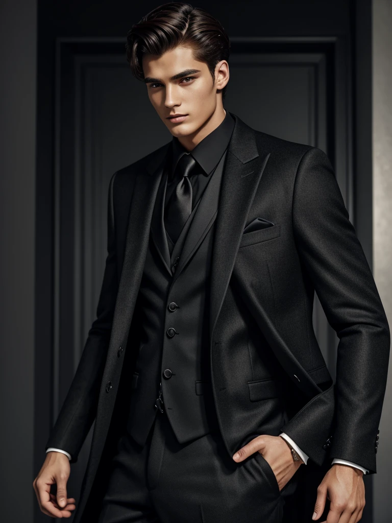 Concepr ar of classy man, extravagant black suit and coat, 20 yo, handsome, detailed face, looking at camera, portrait, 8k uhd, high quality