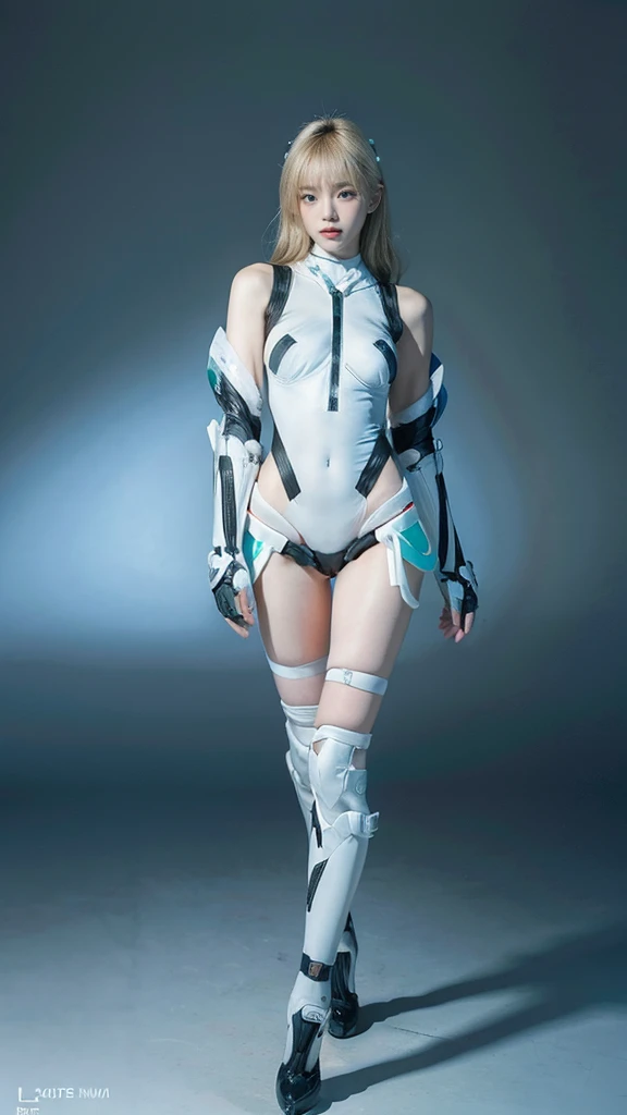 best quality, 1080P, Masterpiece, Whole body photo, Ultra high resolution, photorealistic photo, ultra realism, Realistic skin texture, Light blonde hair, Extreme skin detail, dslr, Detailed eyes, Facing the camera, Very beautiful face, Firm facial structure, Pale skin, Realistic skin texture, Extreme skin detail, oc render reflection textures, Realistic light and shadow, One picture, alone, The body is slender and balanced.., Age 20, Height 170, no underwear, Flat stomach, (White shiny leather bodysuit), full body view, Whole body photo, sexy pose, A girl with the body of a mechanical robot., Transparent futuristic white glass mech armor suit, The mechanical cervix is attached to the neck., Woman with perfect mechanical arms and legs,