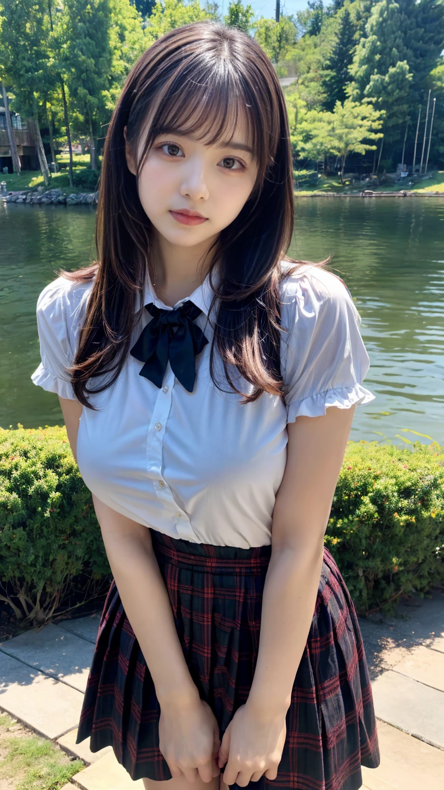 (absurdres:1.3), (highres:1.3), (ultra detailed:1.3),(1girl:1.3), (extremely detailed CG unity 8k wallpaper:1.3), (detailed skin texture, detailed cloth texture, detailed hair texture), (beautiful detailed face, supermodel, pale skin, realistic glistening skin), (RAW photo, best quality), (realistic, photo-realistic:1.4), masterpiece, extremely delicate and beautiful,Amazing, finely detail, extremely detailed CG unity 8k wallpaper, huge filesize, ultra-detailed, highres, absurdres, soft light,rim light, vibrant details, hotel room, straight hair, large breasts, black hair color, Big Natural Color Lip, (perfect body shape), beautiful legs, 20 years old, Beauty、Well-formed face、Make your eyes even、Large sagging eyes、Beautiful black hair、Has bangedium build、Well-balanced proportions、Arms wrapped around his back, hands tie behind back, Tartan plaid pleated skirt、Blue Short Sleeve Blouse、Beautiful scenery、(front view:1.3), Leaning against a large tree on the shore of a beautiful lake、