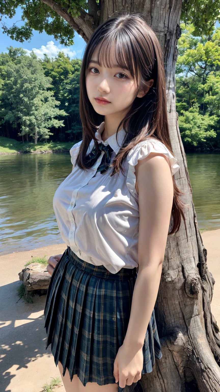 (absurdres:1.3), (highres:1.3), (ultra detailed:1.3),(1girl:1.3), (extremely detailed CG unity 8k wallpaper:1.3), (detailed skin texture, detailed cloth texture, detailed hair texture), (beautiful detailed face, supermodel, pale skin, realistic glistening skin), (RAW photo, best quality), (realistic, photo-realistic:1.4), masterpiece, extremely delicate and beautiful,Amazing, finely detail, extremely detailed CG unity 8k wallpaper, huge filesize, ultra-detailed, highres, absurdres, soft light,rim light, vibrant details, hotel room, straight hair, large breasts, black hair color, Big Natural Color Lip, (perfect body shape), beautiful legs, 20 years old, Beauty、Well-formed face、Make your eyes even、Large sagging eyes、Beautiful black hair、Has bangedium build、Well-balanced proportions、Arms wrapped around his back, hands tie behind back, Tartan plaid pleated skirt、Blue Short Sleeve Blouse、Beautiful scenery、(front view:1.3), Leaning against a large tree on the shore of a beautiful lake、