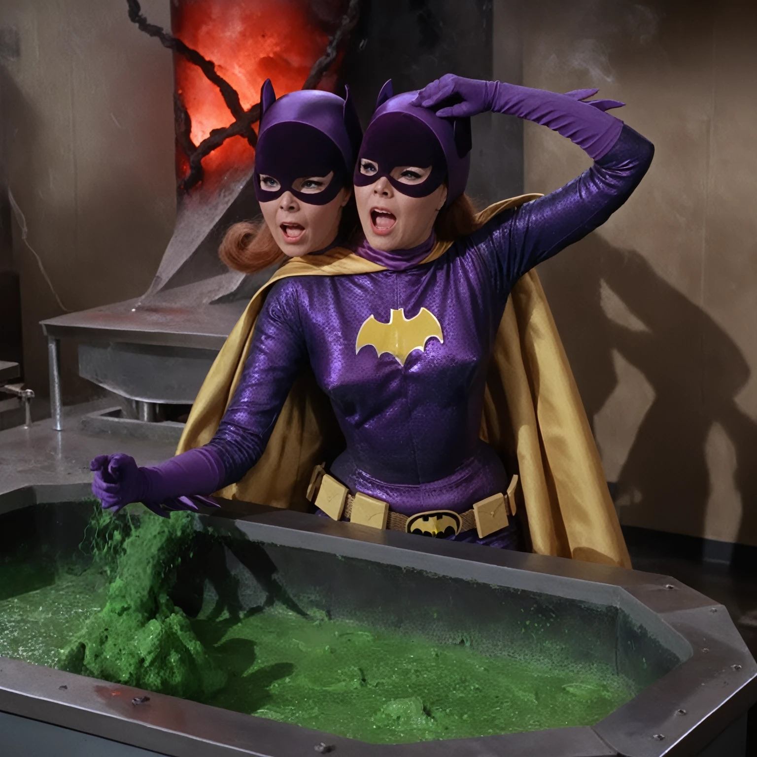 yvonne craig woman, sinking in green lava inside a  big tank in a scientist lab. She screams with her eyes wide open, she looks for help, extent her arm trying to grab something to escape, she moves desperate, but half of her body is already cover by lava she is in pain, smoke everywhere. she screams as hard as she can , 60's style, analog film, film grain, on a lab. Some red lights