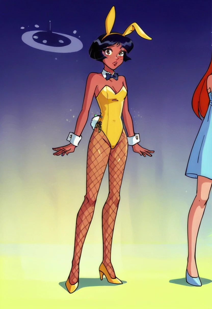 score_9, score_8_up, score_7_up,
1girl, alex ts, solo, black hair, short hair, brown eyes, dark-skinned female, in night club, bunny girl costume, bunny ears headband, Mesh tights, yellow high heels, seductive, standing, front view, looking on viewer,