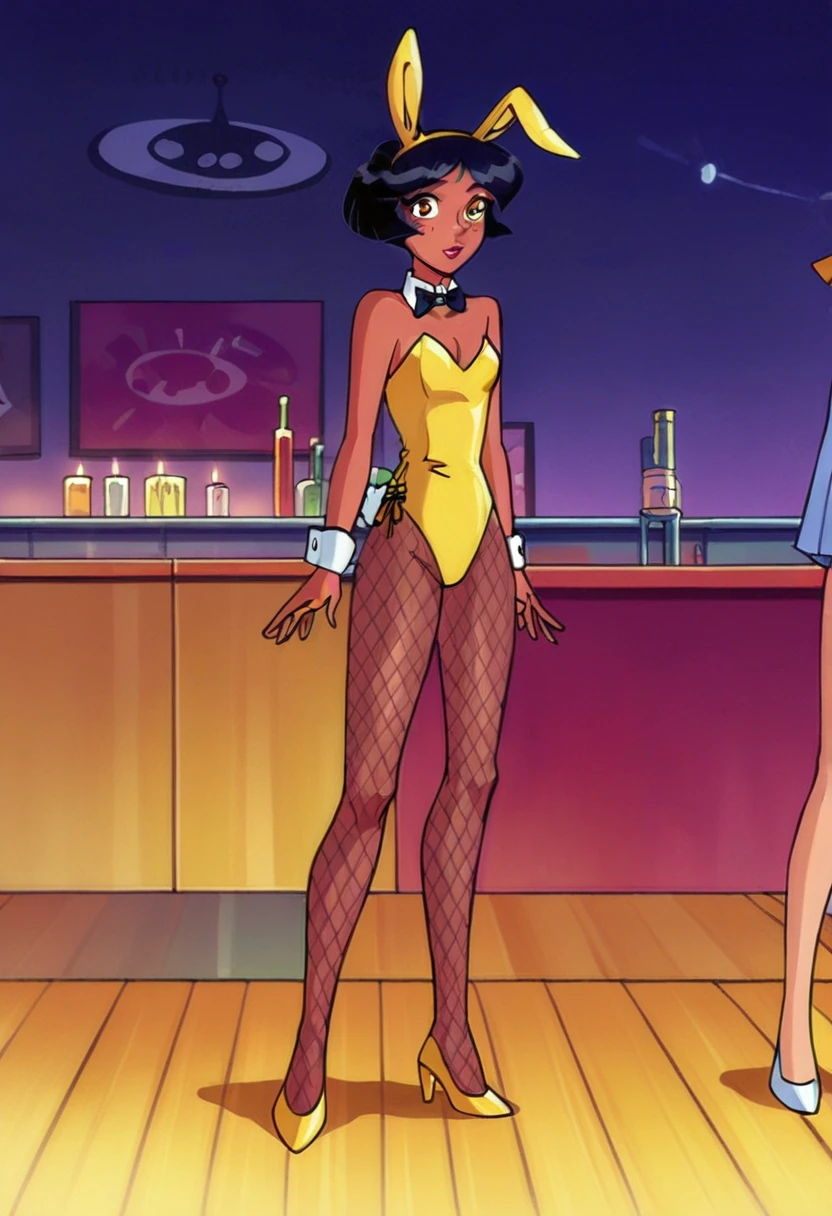 score_9, score_8_up, score_7_up, 
1girl, alex ts, solo, black hair, short hair, brown eyes, dark-skinned female, in night club, bunny girl costume, bunny ears headband, Mesh tights, yellow high heels, seductive, standing, front view, looking on viewer,
