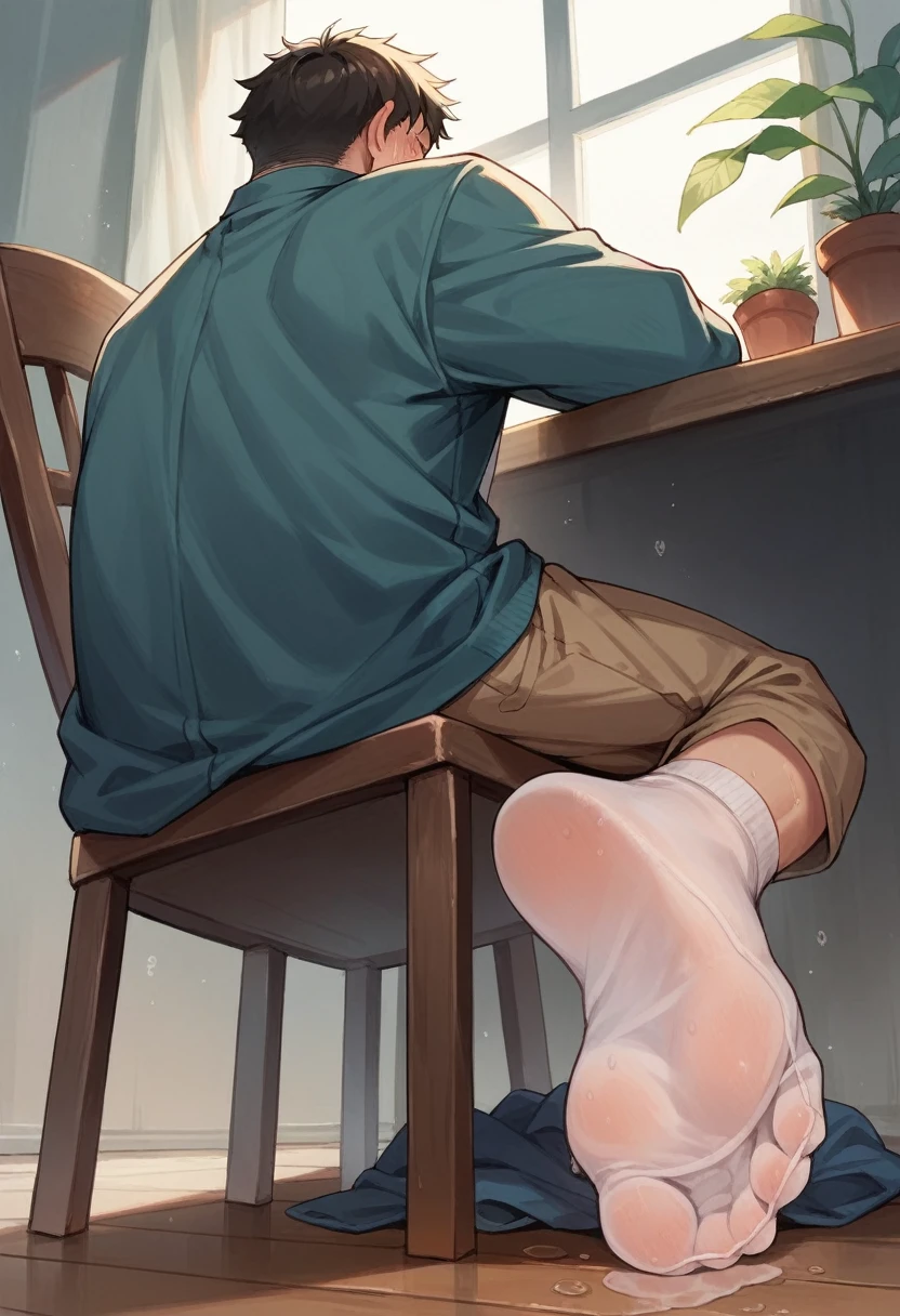 Anime boy very wet sweaty socks under chair showing his feet soles close to the camera