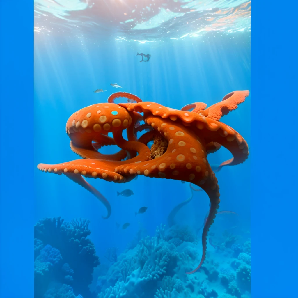 Foto realisitic de um polvo, octopode, dancing with god tentacles at the bottom of the ocean , full of colorful corals and fish of different colors, blue sea bottom, realisitic, sunlight penetrates the surface of the water
