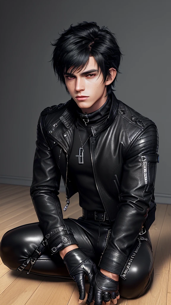 Final fantasy taste and reality graphics, ((Japanese young cute and cool ikemen boy)), his age is early 20s, thin eyebrows and beady eyes, ((he wearing black color leather thick and heavy material jacket)), ((jacket is singlebrest)), ((biker style jacket)), ((jacket is large size)),((with epaulet)), ((jacket is long sleeve)), ((zipped front of the leather jacket)), , ((voluminous leather jacket)), ,((must jacket is high length and stand-up collar)) ((jacket collar with two belts)), ((jacket is a little black color line pattern)), ((also wearing black thick material turtleneck lackluster shirts)), ((tight black leather pants)), ((put black leather tight and thin glove on both hands)), ((black leather knee-high raceup boots)),((must views head-to-toe)),((must views whole body)), ,((Do not show skin from the neck down)),leather jacket leather glove and leather pants have few wrinkles, Avoid showing your innerwear,zip up jacket fastner.must put on a leather glove.
Bous face is expression of ecstasy.
Boy is black hair.boy looks like fashion model.
((Boy is sleeping)), ((face down o the floor)).
