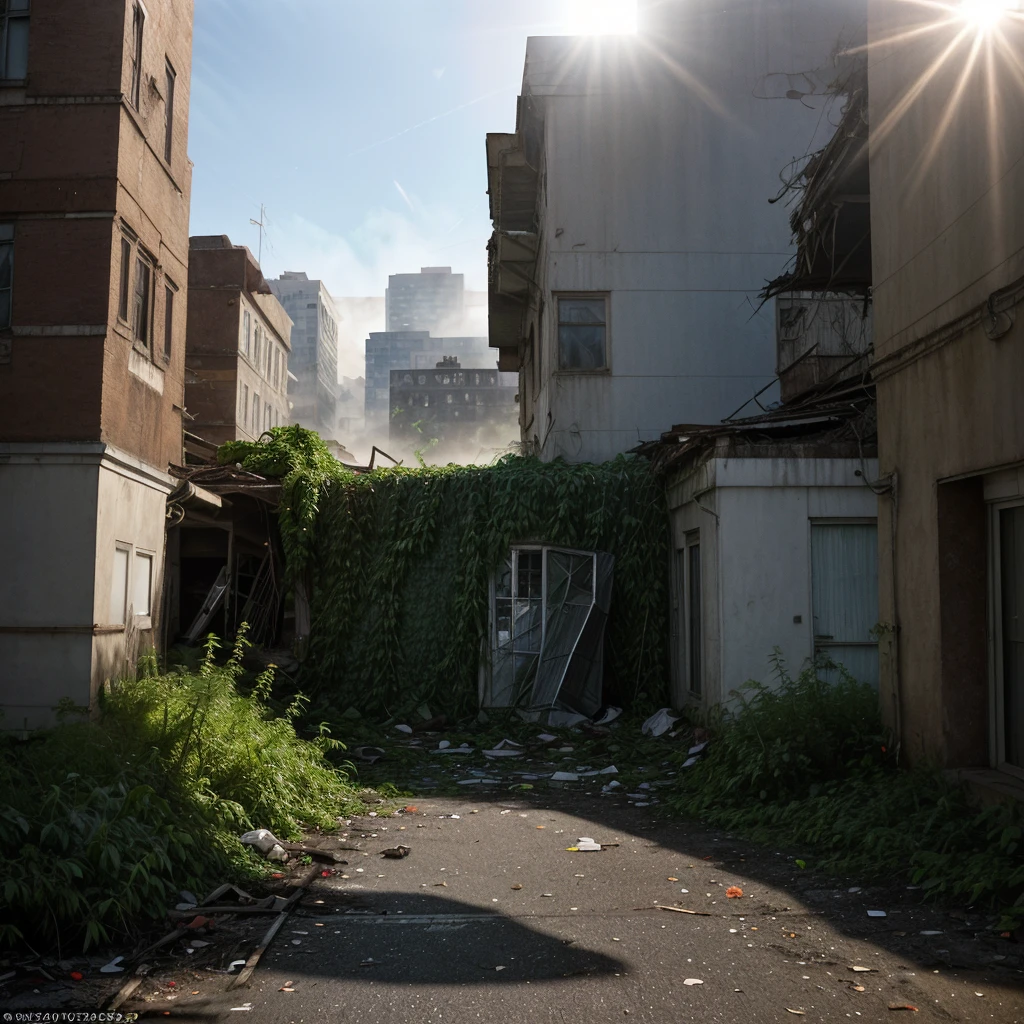 The photograph shows an apocalyptic street view of a financial center 150 years after the fall of human civilization. The buildings and streets are ruined and covered with lush vegetation up to the roof. There are rusty car wrecks staying in disarray on the street, also overgrown with vegetation. The whole is illuminated by sharp sunlight creating an interesting chiaroscuro, and in the distance there is a delicate blue morning mist.