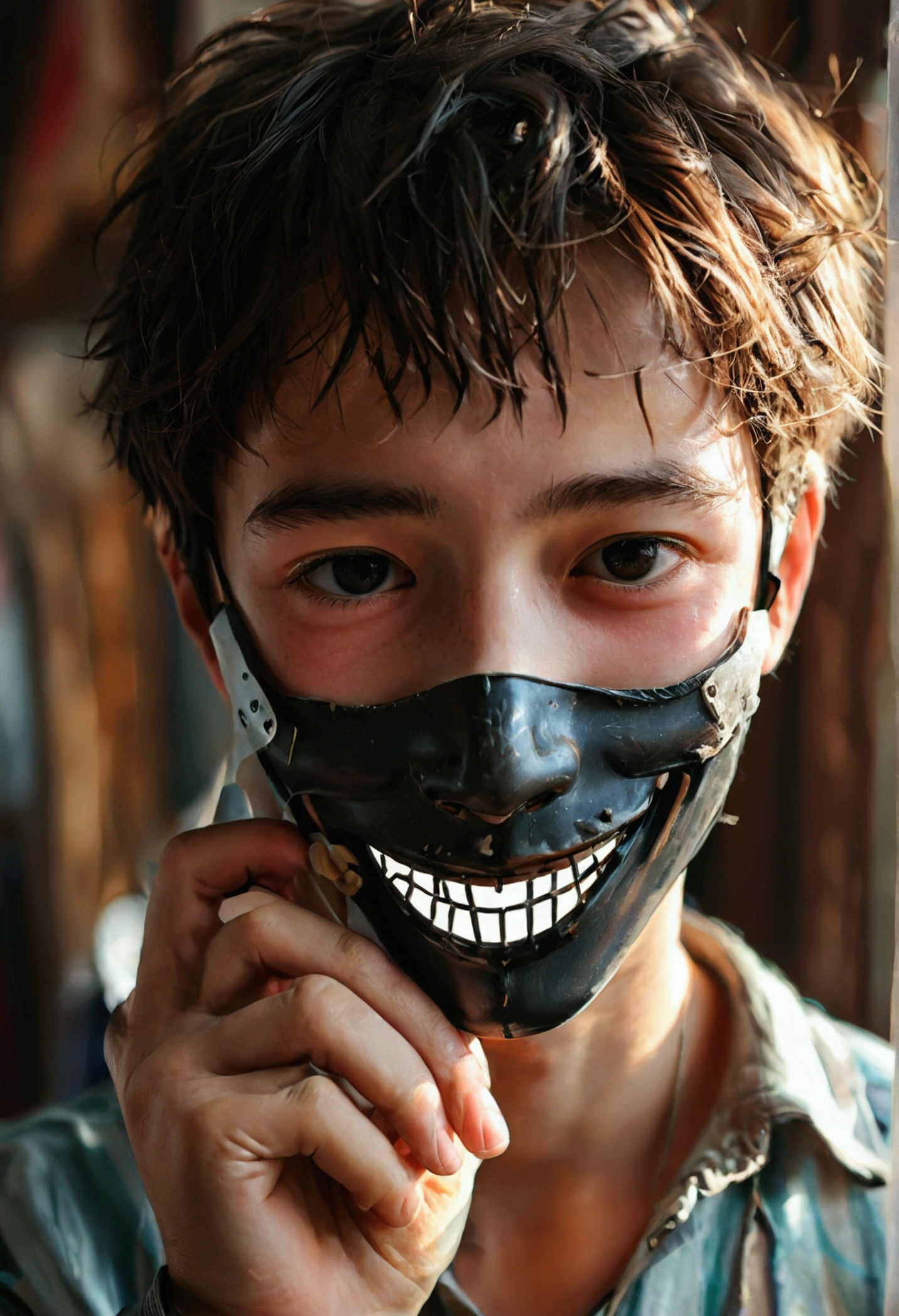 Selfie Angle，Realism，Half Body，A boy holds a mask in one hand to cover his face。The mask is a smiling face