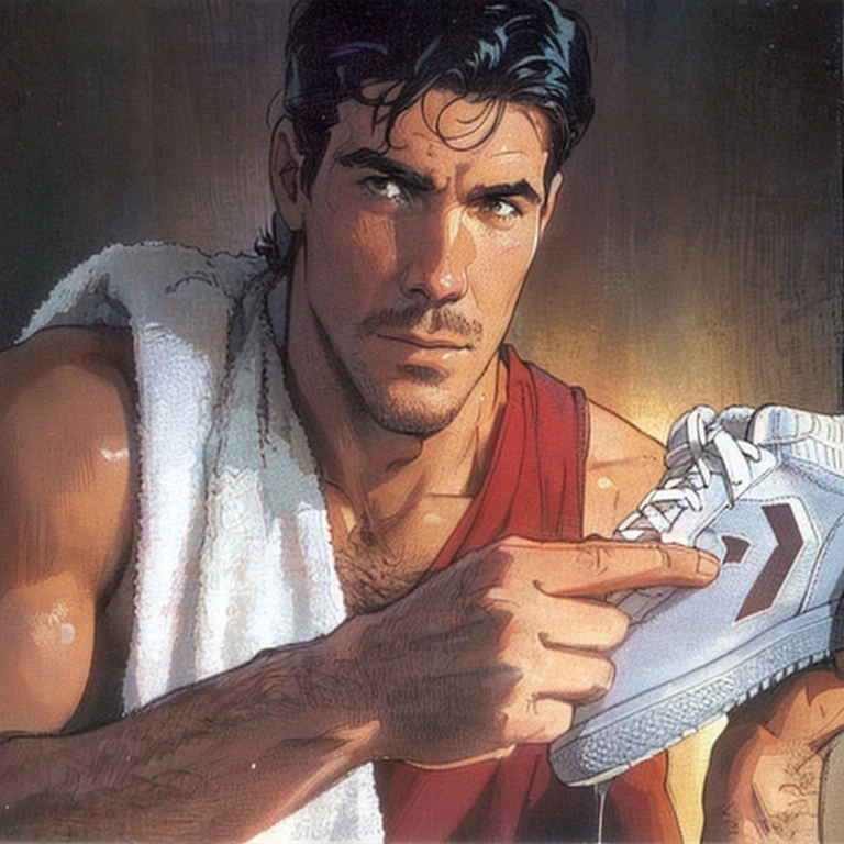 Arafed man holding a pair of white sneakers with a towel around his neck., josh brolin, joven jim caviezel, dark castle, martin johnson, a portrait of Josh Brolin, 8 0s sportswear, Anton, 1 9 8 6, 1986, 1 9 8 5, 1980, 1 9 8 0
