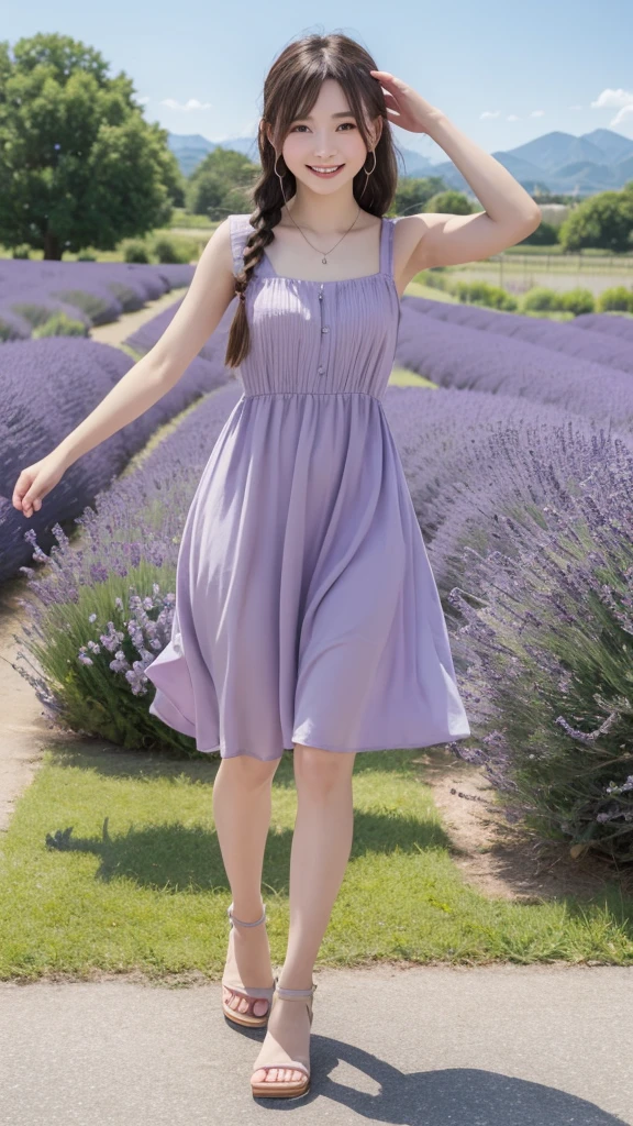 Best picture quality (8k, high resolution, Masterpiece: 1.2), super detailed,  215 Short Hair,Three braids long hair, 26-year-old woman, 

Extraordinary beautiful girl、Cute and beautiful face details、(Facing the children_v1:0.008)、situation: Walking through the vast lavender fields、Enjoy the sweet aroma。Lavender is a dark color。
clothing: Pastel colored dress and sandals。
landscape: Purple lavender spreads all over the place、Mountains in the distance々I can see。、



,Active Pause ,
Beside her、The thunder danced。
Focus on the waist above


, random cute pose ,big eyes ,Puffy eyes ,  Heart Pupil, blush  , huge shy smile , salute


