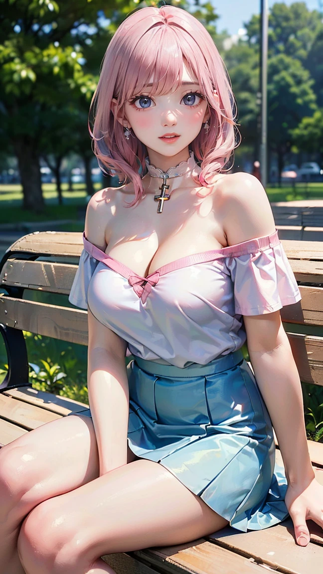 ((Highest quality, 8k, masterpiece :1.3)), (Sharp focus :1.2, Beautiful woman with perfect figure :1.4, Slim Abs), ((Big Breasts, Emphasize cleavage:1.2)), (Photorealistic:1.4), (realistic:1.4), (Pink Hair:1.5), Highly detailed face and skin texture, Fine grain, double eyelid. Makeup face, A little bit of lipstick, sex appeal, Sexy gravure pose, ((Sexy girly beauty in a white off-shoulder top and a light blue skirt。Cross-legged on a park bench、Posing for the camera with a sweet smile。A simple silver choker is the highlight。:1.3)