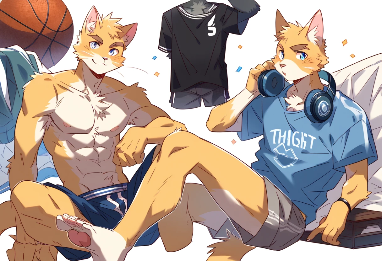 score_9, score_8_up, score_7_up, male, furry, high quality, hires, anthro, teenager, , domestic cat, basketball player, bright yellow fur, blue eyes, wide brown eyebrows, happy expression, humanoid feet, slim body, prominent v-line, prominent abs, prominent legs, prominent forearm, prominent knees, white background, treasure trail, dark armpit hair, furry legs, in various sexy poses, headphones, casual clothes, joggers, shorts, lying, showing off