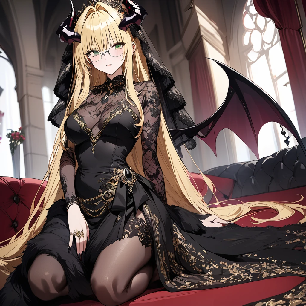 ((Highest quality)), ((masterpiece)), (detailed), (Perfect Face)、The woman was a beautiful, jet-black archdemon with jet-black skin, the evil queen of the demon world, Devil Queen Tiare, with green eyes, blonde medium-long hair, a gorgeous black wedding dress with gold embroidery and trim, a black wedding veil, an engagement ring, and luxurious accessories, and was a beautiful, elegant archdemon, the Demon Queen, lavishly decorated and jeweled.、A beautiful, jet-black-skinned demon with magnificent devil horns, devil wings, and a devil tail.