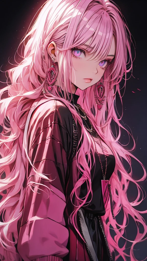 red stream, 1 girl, alone, Long Hair, Looking at the audience, Blue Eyes Background, White Background, jewelry, Mouth closed, Jacket, Upper Body, Pink Hair, Earrings, Pink Eyes, necklace, From the side, sweater, lips, eyelash, Compensate, Wavy Hair, Earrings, cross, lipstick, ear Earrings, eye shadow, hoop Earrings, pink lips, Variegated eyes, Pink Theme, , pink eye shadow,