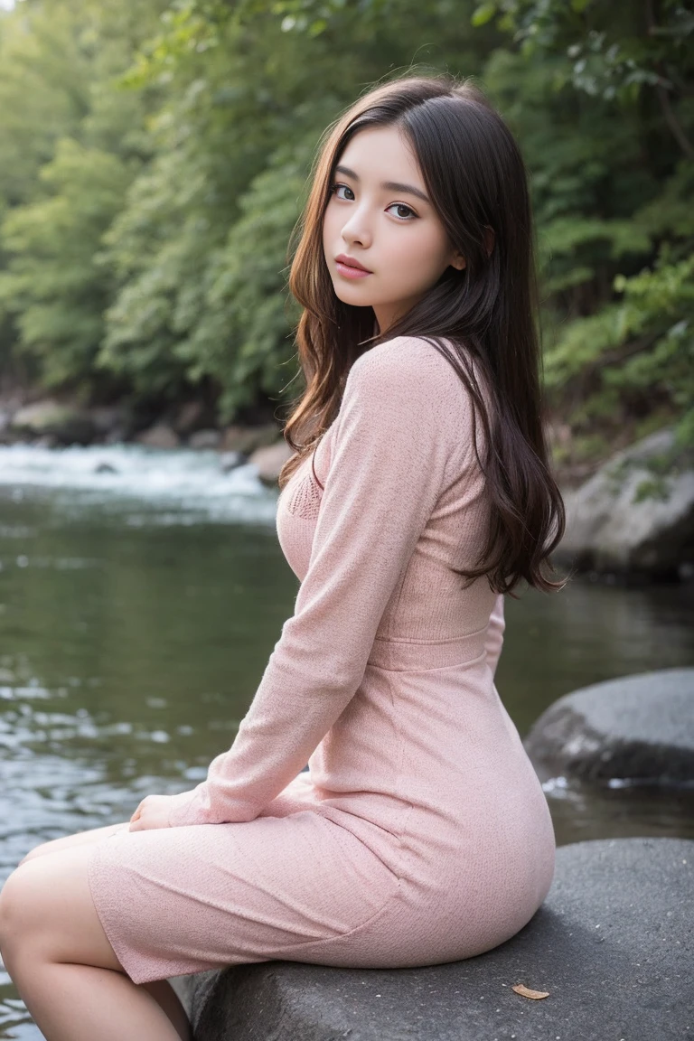 young beautiful girl, thin build, USA, wild west, western, 16 years old, looking to the side, sitting on a stone by the river, forest beyond the river, mountains visible from afar, long pink dress with long sleeves, simple cut dress, long straight light brown hair, detailed fabric texture
