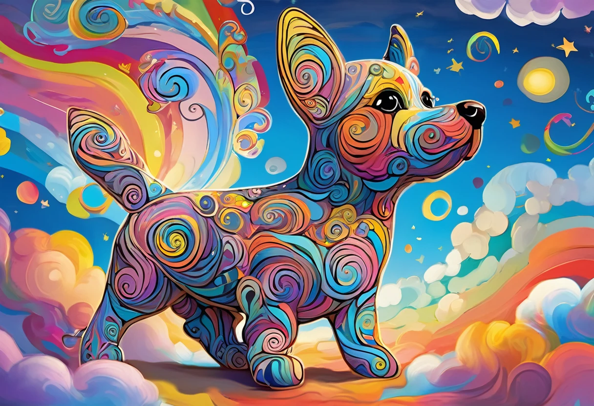 Swirly art puppy character, Fly through beautifully detailed skies、Detailed outline, cute, Art Brut Style, Dynamic pose, whimsical expression, Bright and vibrant colors, Dynamic Lighting, Digital Painting, masterpiece, (Highest quality,4K,8k,High resolution,masterpiece:1.2),Very detailed,(Realistic,photoRealistic,photo-Realistic:1.37)