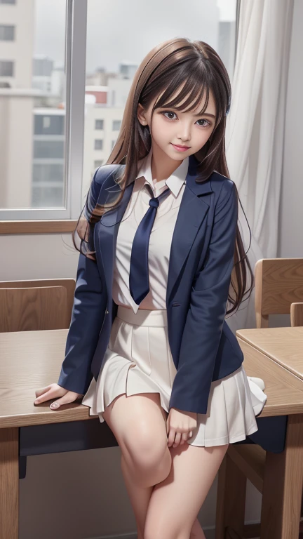 Top quality, 1 beautiful woman, wearing navy long big trainer, show white panties, cameltoe, 35mm lens, f/1,A slightly chubby, ugly but cute girl、In the classroom、Innocence remains、Semi-long light brown hair、Navy blue blazer uniform、White blouse、Red tie、Medium firm breasts、Checked mini skirt、
