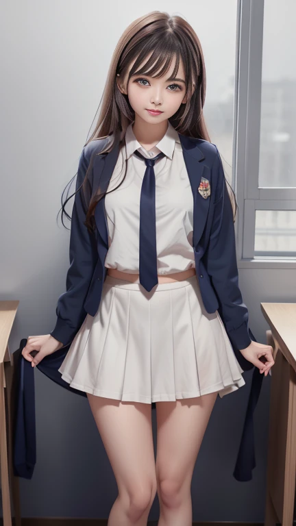 Top quality, 1 beautiful woman, wearing navy long big trainer, show white panties, cameltoe, 35mm lens, f/1,A slightly chubby, ugly but cute girl、In the classroom、Innocence remains、Semi-long light brown hair、Navy blue blazer uniform、White blouse、Red tie、Medium firm breasts、Checked mini skirt、