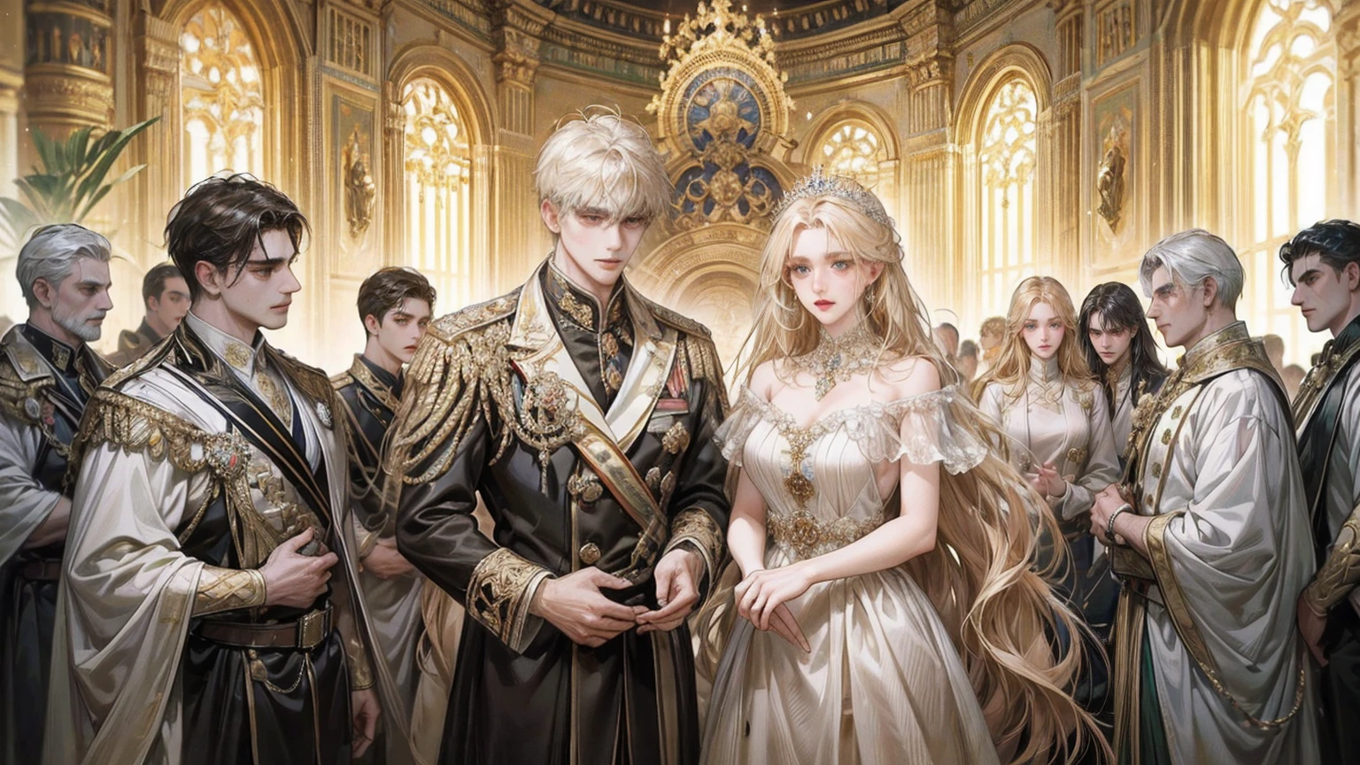 Make me a hybrid male king and female queen, elegant, expensive and colorful clothes, I want something elegant that represents the monarchy, they need to have animal ears and a delicate face, they need to have a tail and a serious face, straight couple sitting on royal thrones