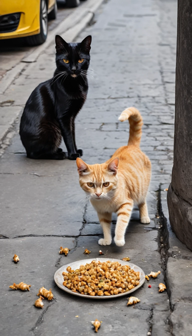 A cat whose hunger bones are visible, together with their equally hungry children on the street asking for food