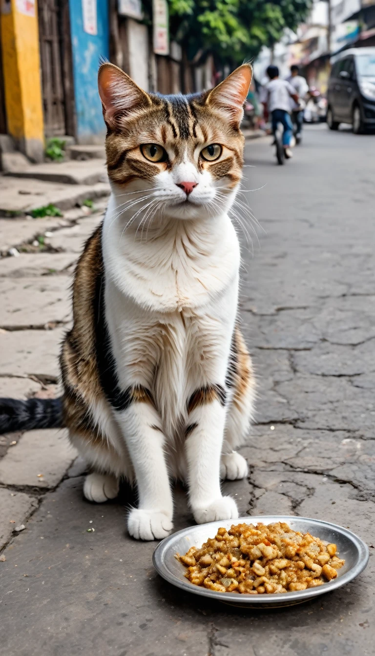 A cat whose hunger bones are visible, together with their equally hungry children on the street asking for food