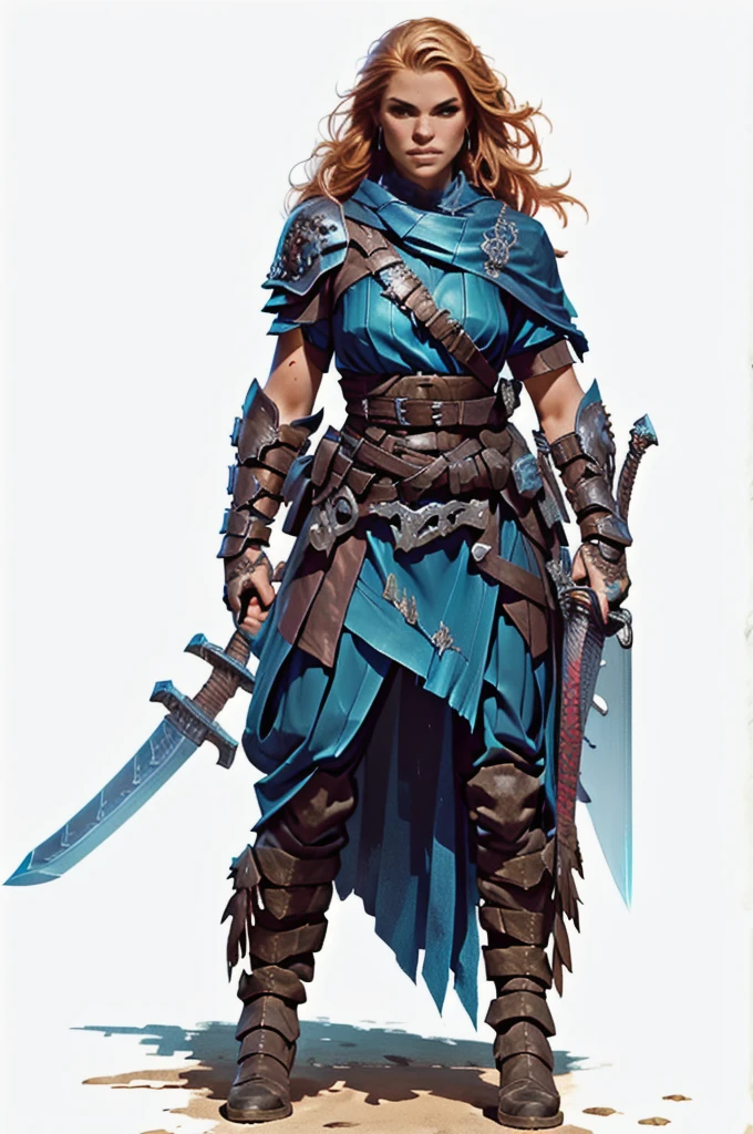 a woman with a sword and a skull, rpg character art, rpg portrait full body, d & d style full body portrait, fantasy d&d character, north adult female warrior, from pathfinder, intricate details, highly detailed, 8k, hyperrealistic, cinematic lighting, dramatic lighting, moody atmosphere, warm colors, vibrant colors, cinematic composition, heroic pose, powerful expression, deadly elegance, masterpiece