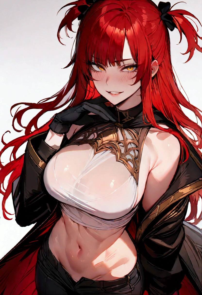 masterpiece, best quality 1girl, solo, beautiful woman, messy bangs, red hair, long hair, hair two side up by black bows , yellow eyes, grin, large breasts, toned stomach, white tank top, black coat, figureless black gloves, pants, sheathed sabre, fantasy  looking at viewer.