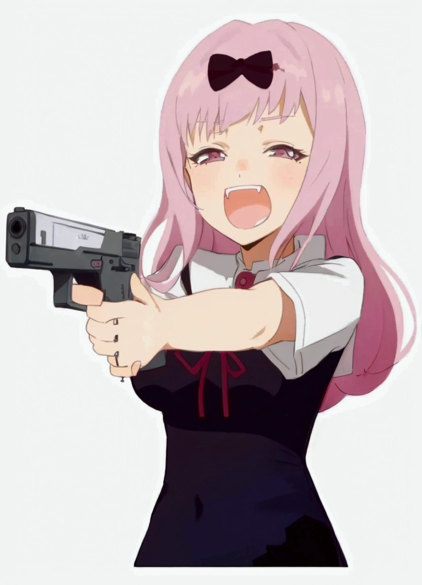 a woman with pink hair holding a gun and pointing it at the camera, with pistol, anime shot, anime machine gun fire, with a gun, female action anime girl, gapmoe yandere, shooting pose, holding gun, holding a pistol, trigger anime artstyle, haruno sakura, holding a gun, dramatic wielding gun pose, brandishing a gun