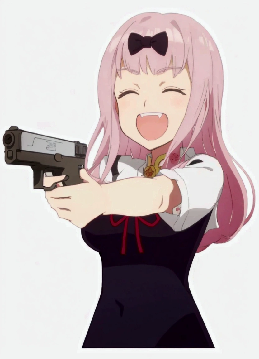 a woman with pink hair holding a gun and pointing it at the camera, with pistol, anime shot, anime machine gun fire, with a gun, female action anime girl, gapmoe yandere, shooting pose, holding gun, holding a pistol, trigger anime artstyle, haruno sakura, holding a gun, dramatic wielding gun pose, brandishing a gun