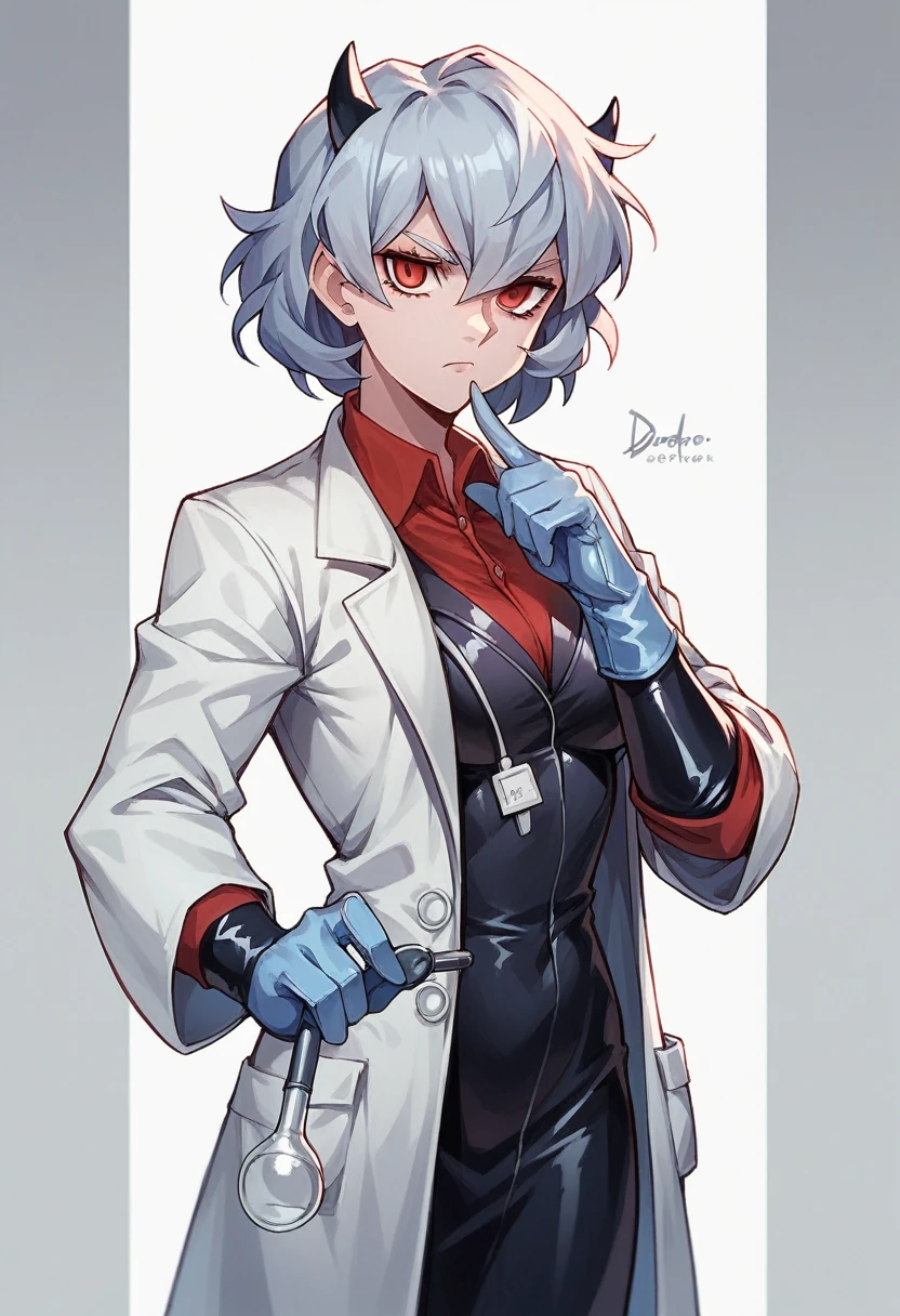 1girl, malina \(helltaker\), ((blue gloves)), ((surgical gloves)), ((latex gloves)), ((long sleeves)), looking at viewer, ((white doctor outfit)), standing, solo