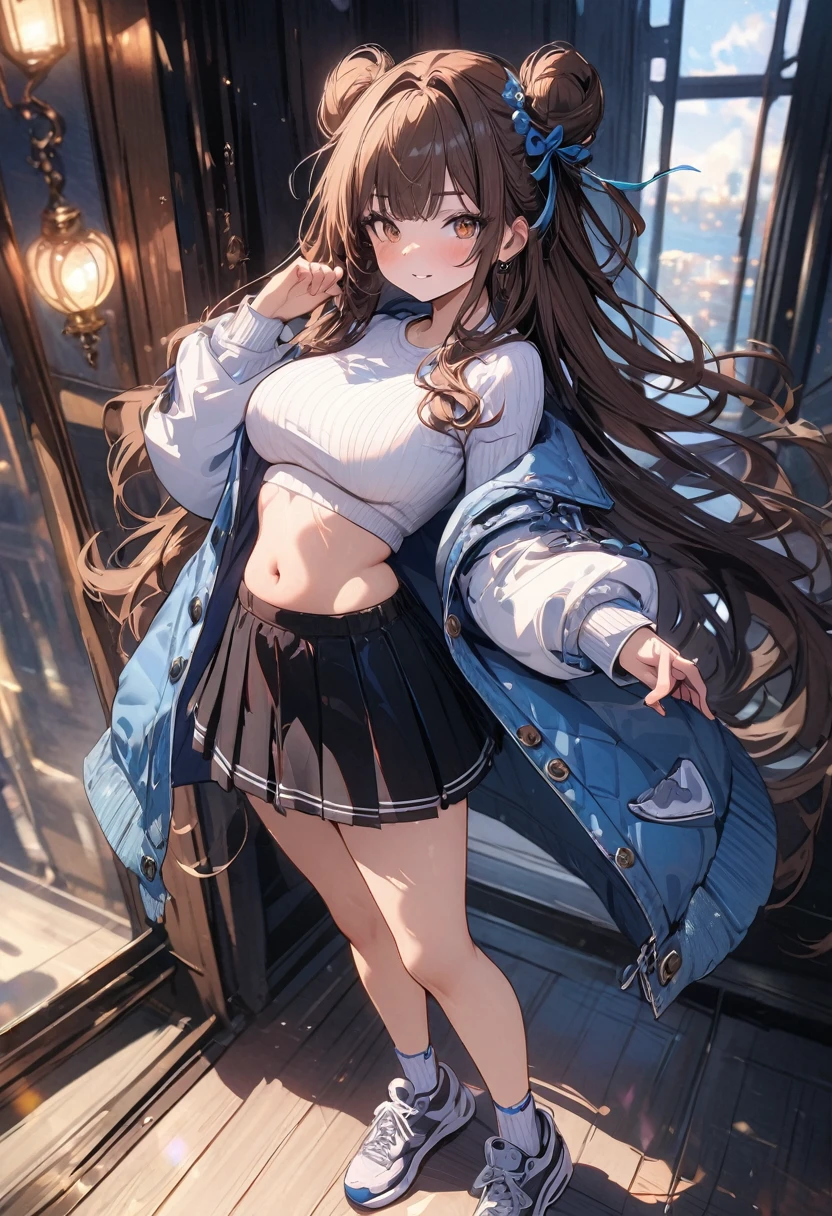 (masterpiece), best quality, very aesthetic, newest, absurdres, detailed, high quality
BREAK
highest quality, top quality, details, highres, ultra fine painting, digital art, official art, splash art, cinematic, 4k, 8k resolution, 8K CG wallpaper, original artwork, detailed background, blue atmosphere, High Dynamic Range, blurry background, blue hour, Starburst effects, crepuscular rays, good ISO, high resolution, wide shot, from far away, RAW photo, POV, sharp focus, light reflection, reflections, intricate details, soft light, particle noise, professional photography, bokeh, depth of field, studio lighting, vibrant colors, detailed lights and shadows, stylish, ultra-detailed, top rated on Pixiv, trending on Artstation, niji style, modern-days, master crafted, pose
BREAK
solo, (close up), 1girl, pale skin, correct fingers, detailed hand, (big breasts:1.2), big thighs, small torso, short body, flushtered, blush, anxious expression, embarassed, embarassed act, casual, slim, ((cute, childlike face):1.3), nice body, nice hips, brown hair, (very long flowing hair, 2 buns hairstyle), long bangs, long hair, middle hair bangs, brown eyes
BREAK
(white cropped sweater, tummy skin, belly button, short pleated skirt, ankle socks, sneakers, (full body shot)) 
BREAK
Indoors apartment background