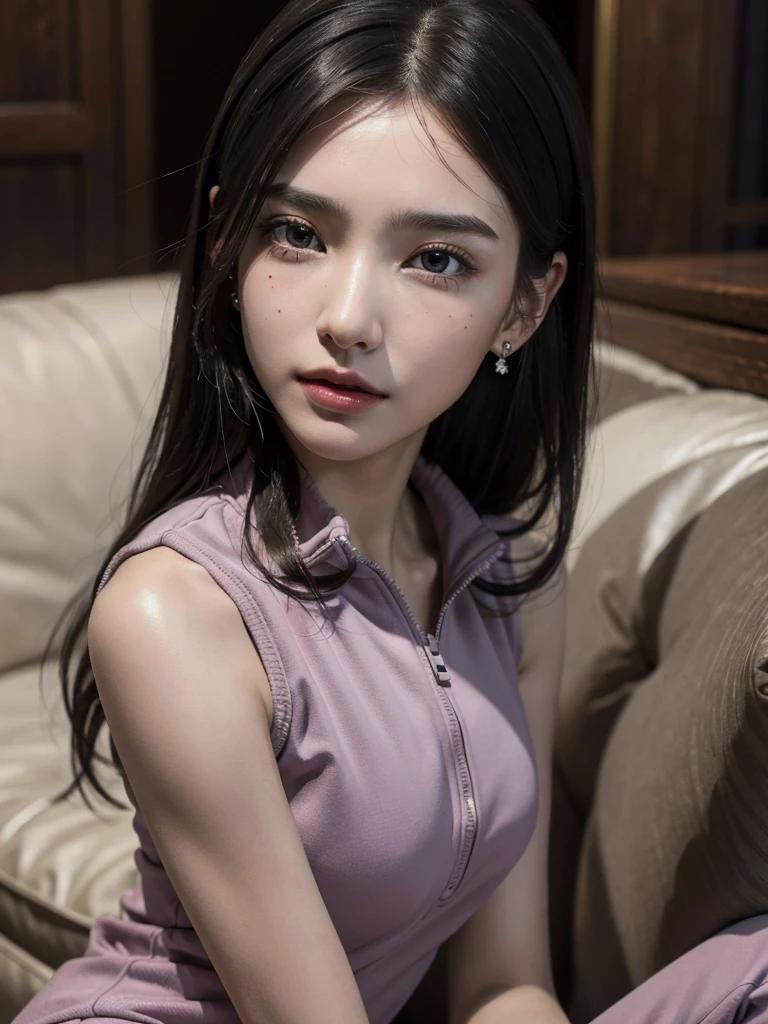 absurdres, RAW photo, extremely delicate and beautiful, masterpiece, Best Quality, ultra high resolution, 32k, hyperrealistic, ultra-detailed, perfect anatomy, anatomically correct, perfect figure, Perfect Style, Perfect balance, super Detailed skin, in her 30s, very Slim body, narrow waist, very small head, very small face, delicate facial features, handsome detailed woman, very detailed eyes and face, realistic face proportions, Realistic beautiful face, Realistic beautiful eyes, tearful mole, earring, very huge round tits, (full body shot:1.2), (full legs:1.2), medium hair, indoor, (tracksuit:1.2), sleeveless,