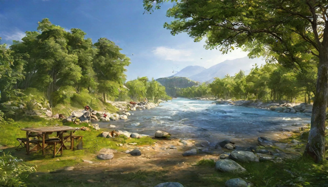 early summer,Daytime,camp site,River side,Rich in nature,Highest quality, 8k, High resolution, masterpiece:1.2, Very detailed, Realistic:1.37, High resolution, 超High resolution, Very detailed, Professional, Vibrant colors