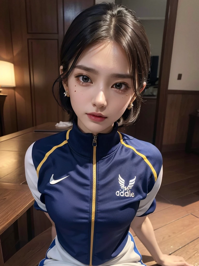 absurdres, RAW photo, extremely delicate and beautiful, masterpiece, Best Quality, ultra high resolution, 32k, hyperrealistic, ultra-detailed, perfect anatomy, anatomically correct, perfect figure, Perfect Style, Perfect balance, super Detailed skin, in her 30s, very Slim body, narrow waist, very small head, very small face, delicate facial features, handsome detailed woman, very detailed eyes and face, realistic face proportions, Realistic beautiful face, Realistic beautiful eyes, tearful mole, earring, very huge round tits, (full body shot:1.2), (full legs:1.2), medium hair, indoor, (tracksuit:1.2), sleeveless,