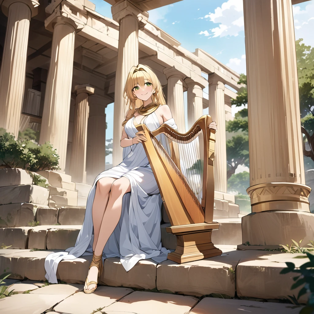 ((Highest quality)), ((masterpiece)), (detailed), (Perfect Face)、The woman is the Greek goddess Tyatia, wearing a white Doric chiton from ancient Greece, with medium blonde hair and green eyes.、A woman is shown sitting on the steps of an ancient Greek temple, playing a harp, smiling sweetly and wearing a white Doric chiton from ancient Greece