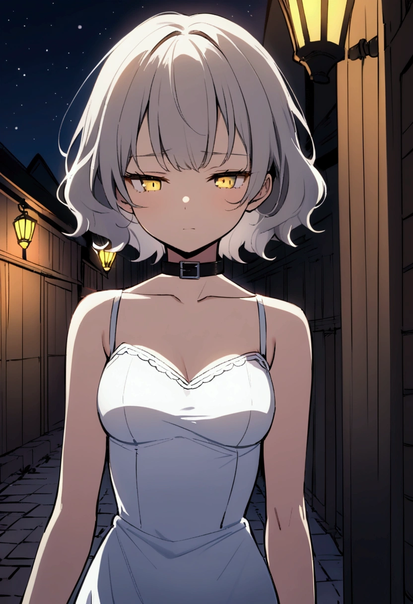 Girl with short fluffy ash hair. Yellow eyes. Calm face, simple white dress, black collar. Standing, fantasy house street, slender body, sleepy face, medium breasts, night time
