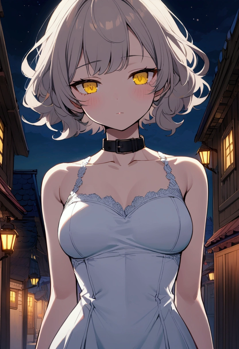 Girl with short fluffy ash hair. Yellow eyes. Calm face, simple white dress, black collar. Standing, fantasy house street, slender body, sleepy face, medium breasts, night time