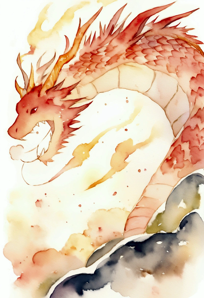 Dragon breathing fire on witch　Dark fantasy　Picture books　watercolor